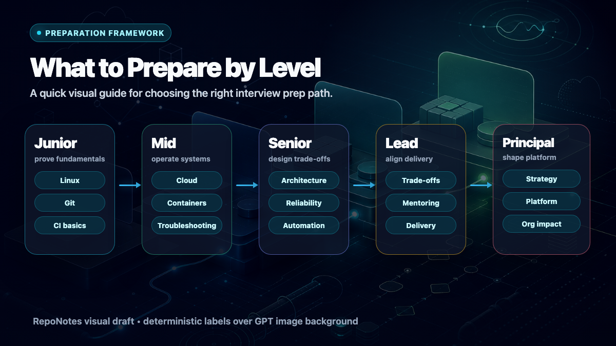 Framework visual showing what to prepare for junior, mid, senior, lead, and principal DevOps interviews.