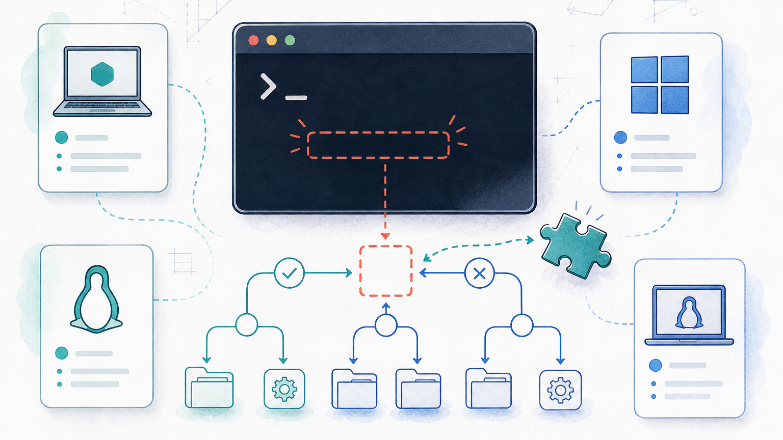 Light editorial illustration of a terminal missing the Docker command, with PATH and Docker Compose troubleshooting flow across operating systems.