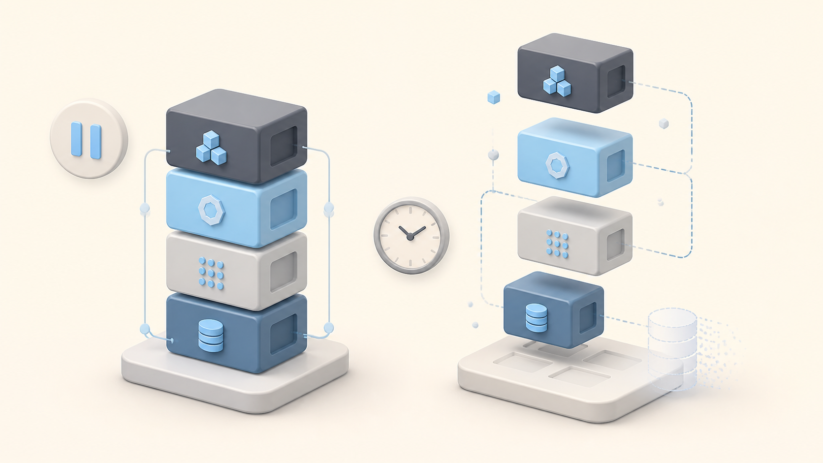 Editorial illustration comparing a paused container stack and a dismantled one, with a data-disk fading out.