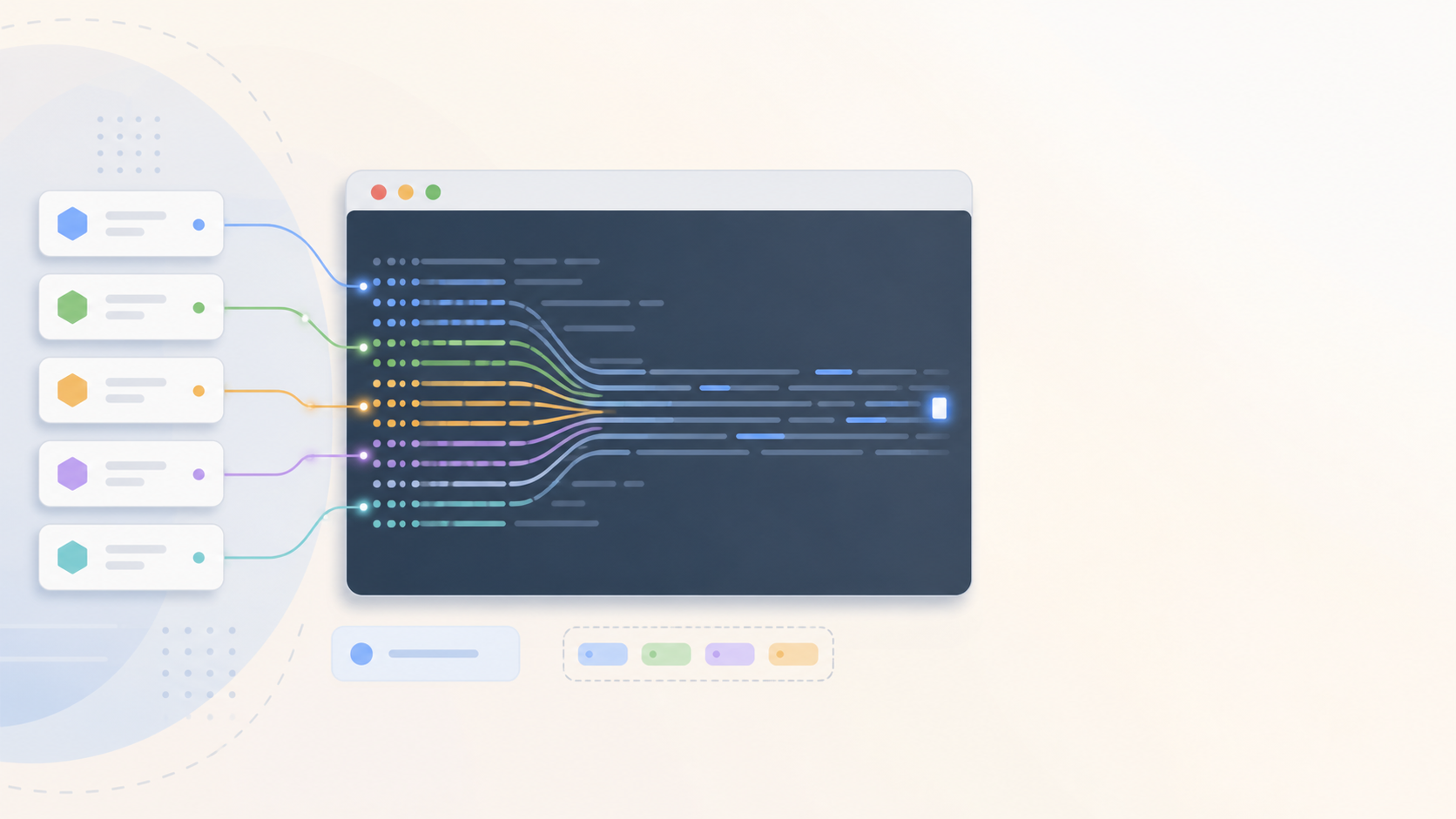 Editorial illustration of multiple pod cards with log streams converging into one terminal view.